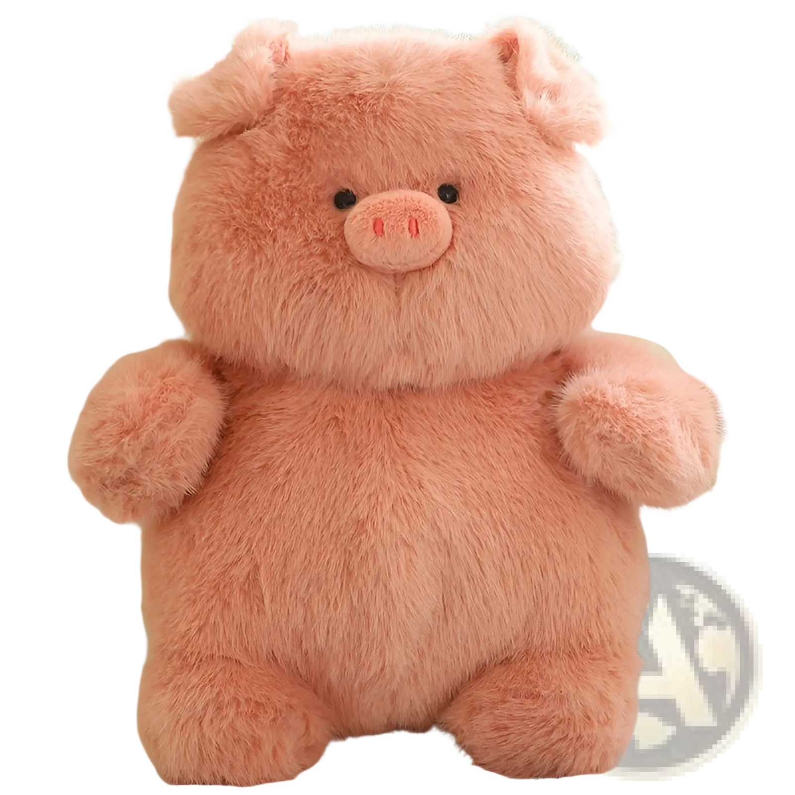 A chubby pink pig plush toy lying flat with soft fur and embroidered black eyes made of fluffy material