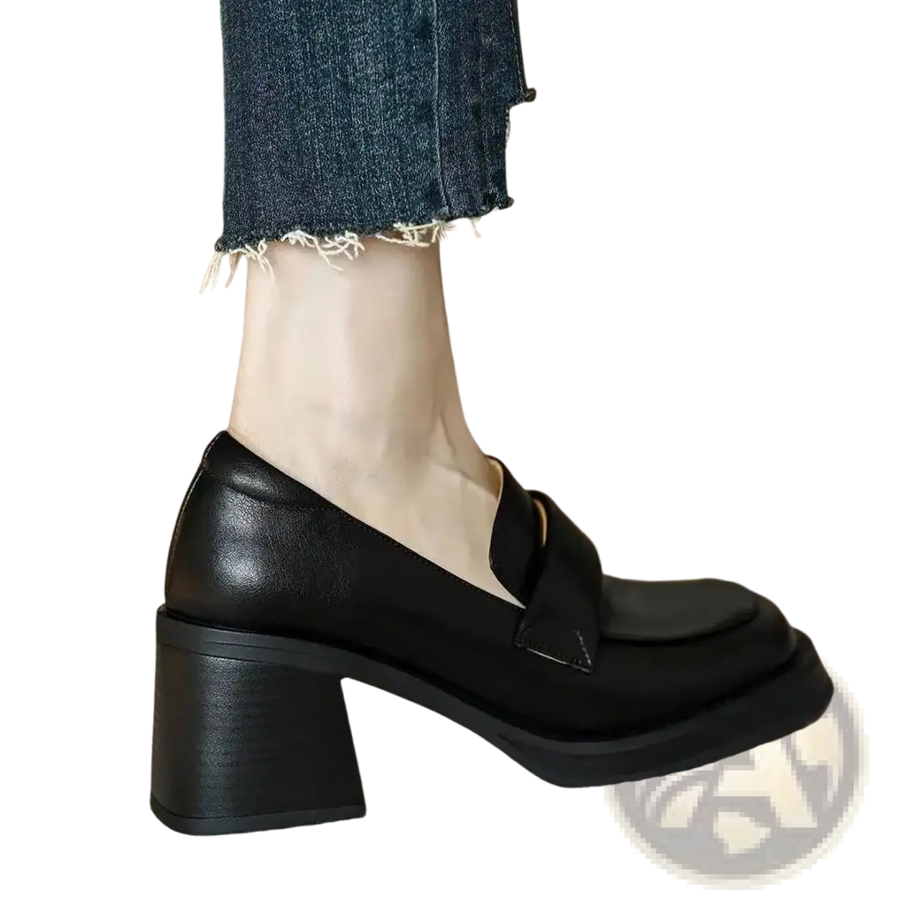 Black leather loafers with chunky block heel and classic slip-on design for stylish and comfortable wear