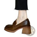 Brown leather chunky heel loafer with a stacked heel and single strap across the vamp for stylish wear
