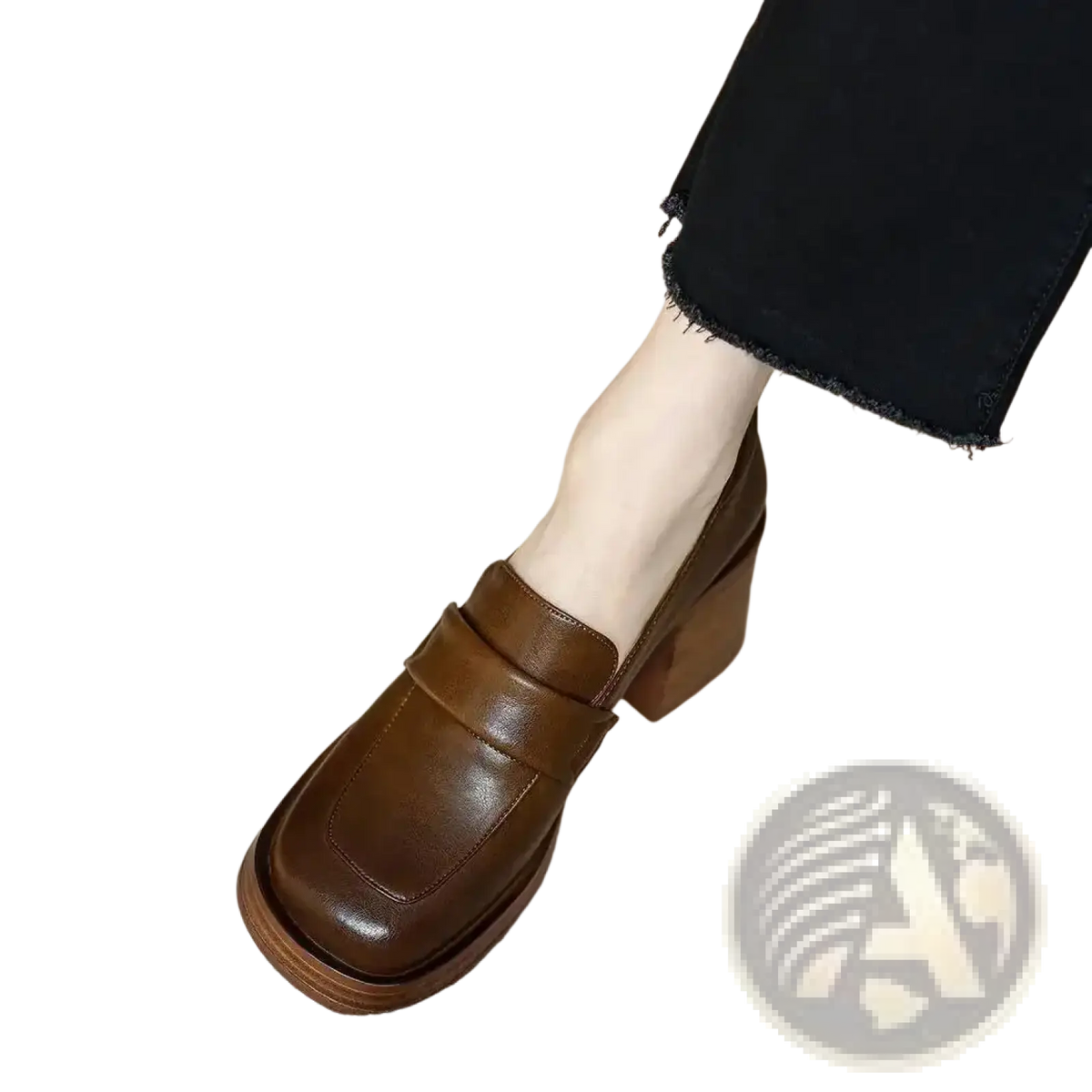 Brown leather chunky heel loafers with square toe for stylish and comfortable wear