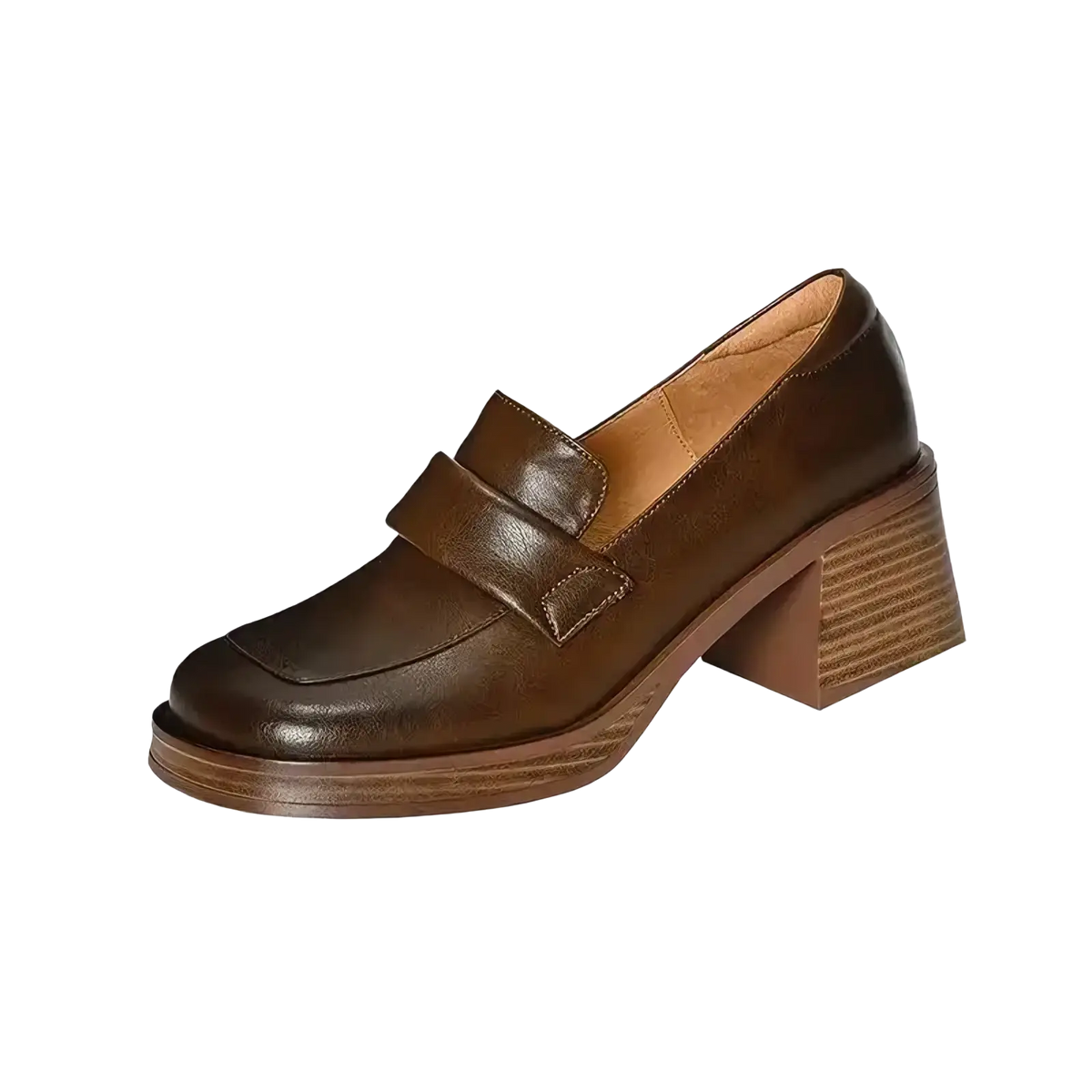 Brown leather chunky heel loafers with a block heel and single strap across the toe for stylish comfort