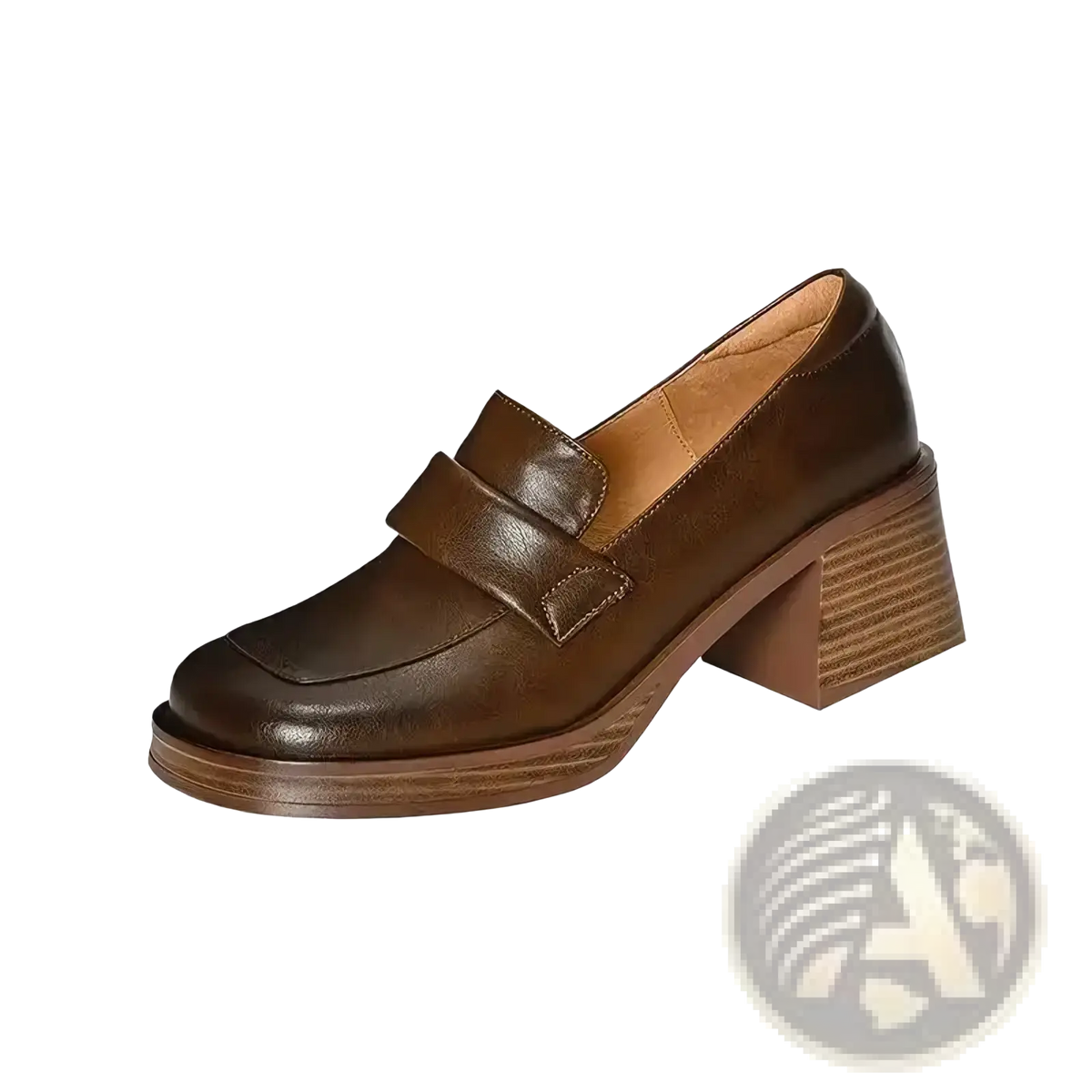 Brown leather chunky heel loafers with a block heel and single strap across the toe for stylish comfort