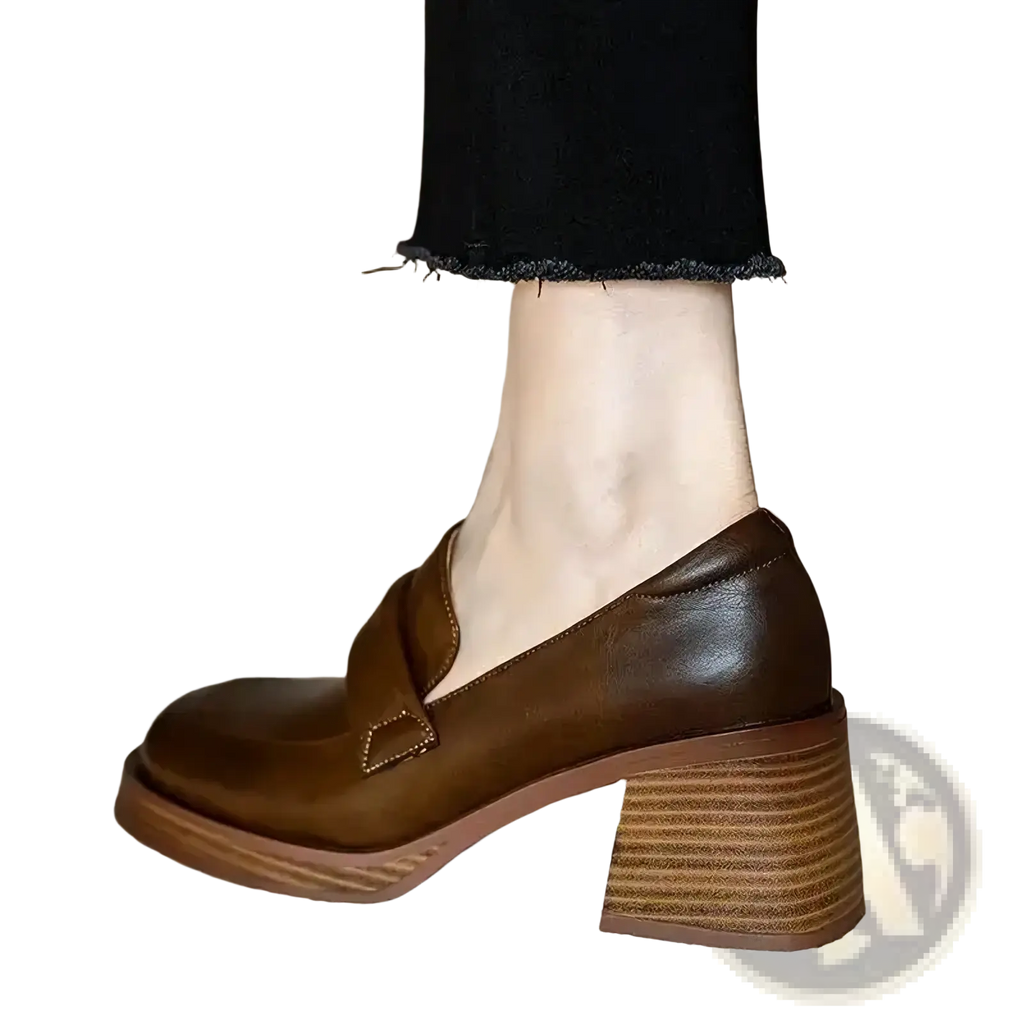 Brown leather chunky heel loafers with a stacked heel and single strap across the vamp for stylish wear