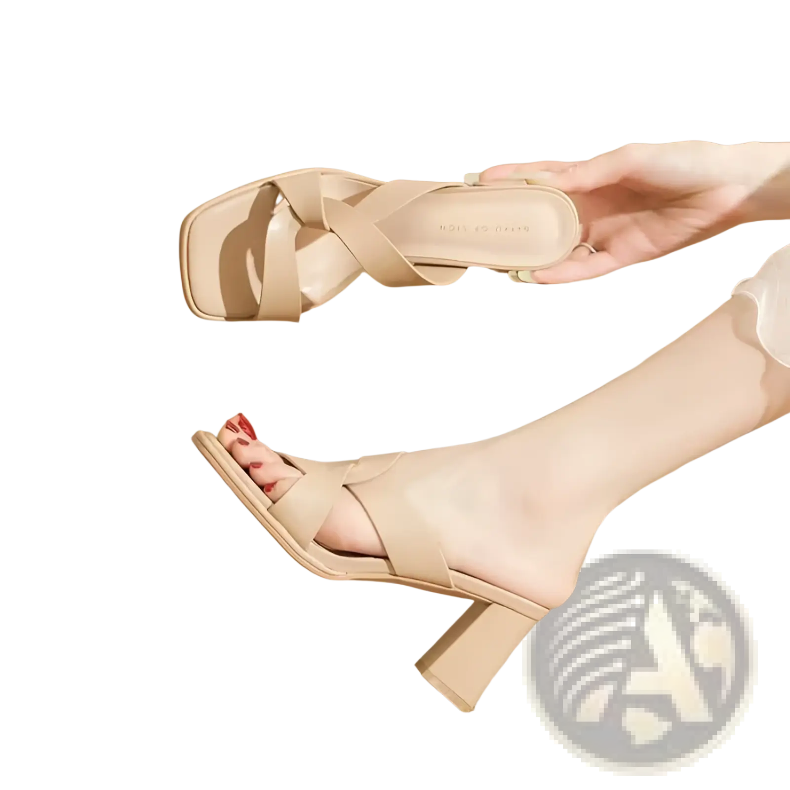 Beige leather-look chunky heel open toe mule sandals with square heel and crisscross strap design