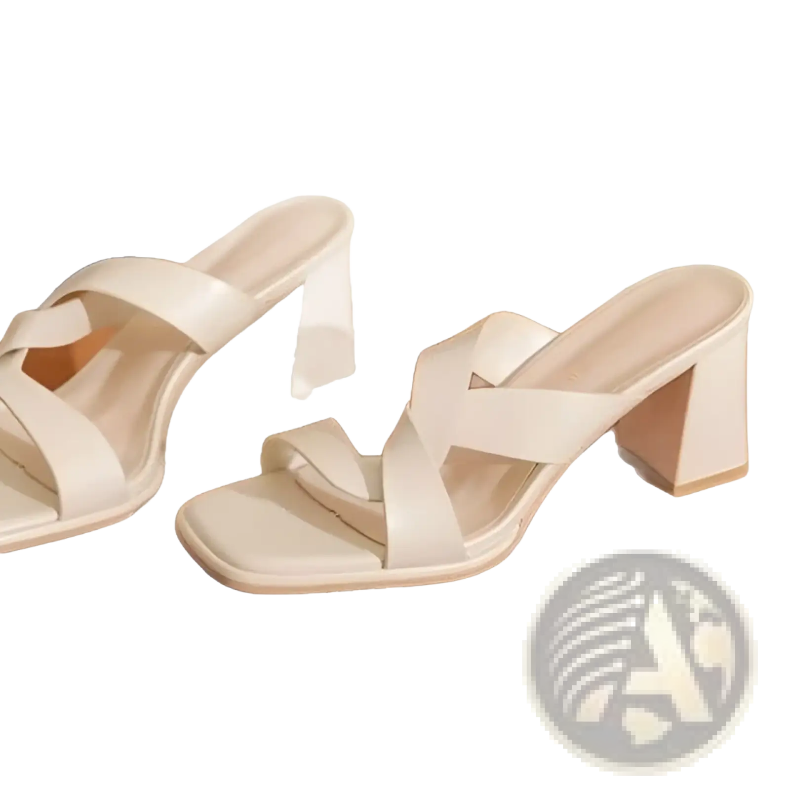 Beige leather-look chunky heel open toe mules with square block heel and crisscross strap design
