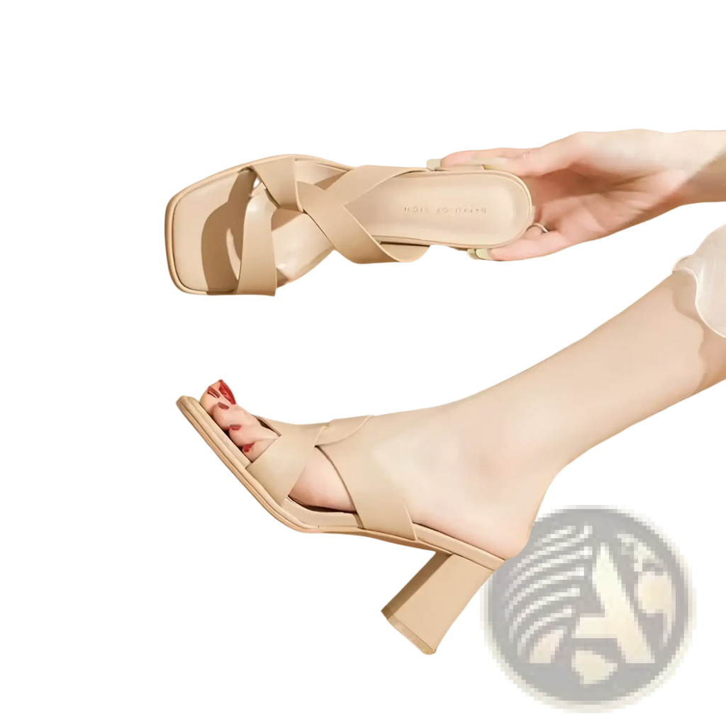 Beige leather-look chunky heel mule sandals with square heel and crisscross strap design open toe style