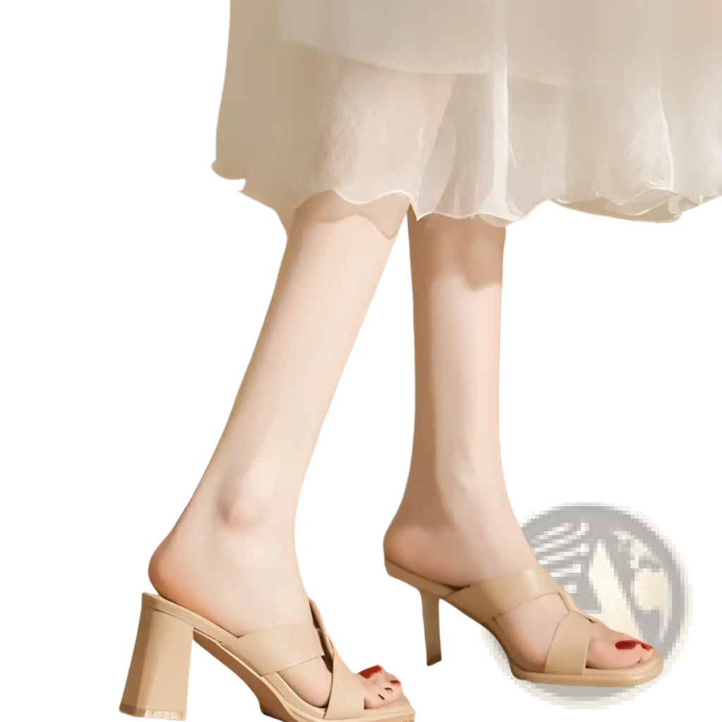 Beige leather mule sandals with a chunky heel and crisscross straps featuring an open toe design