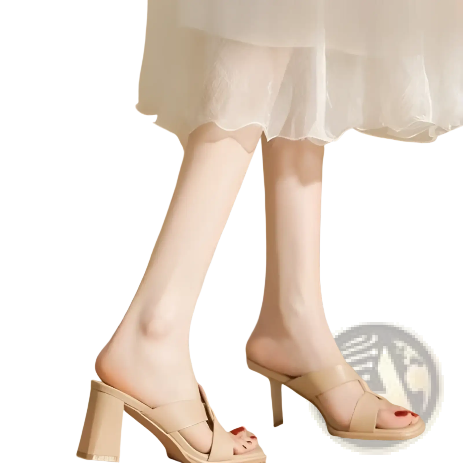 Beige leather mule sandals with a chunky heel and crisscross straps featuring an open toe design