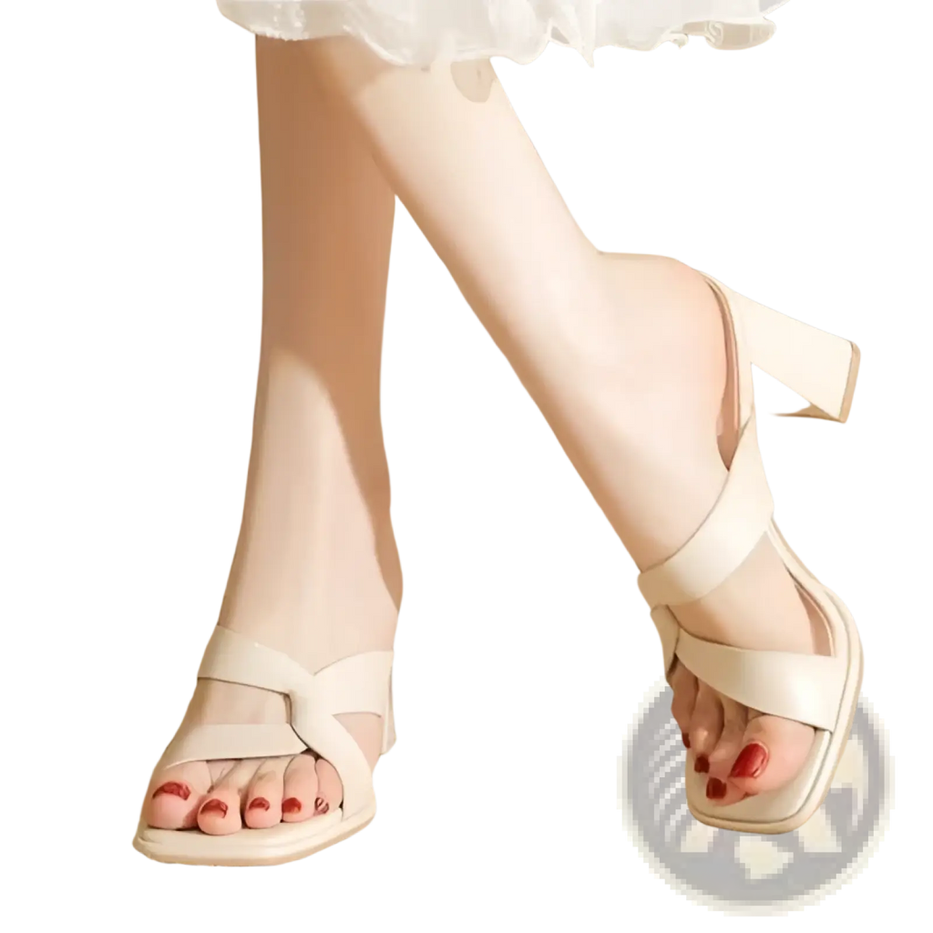 Cream-colored leather chunky heel open toe sandals with crisscross straps and block heel design