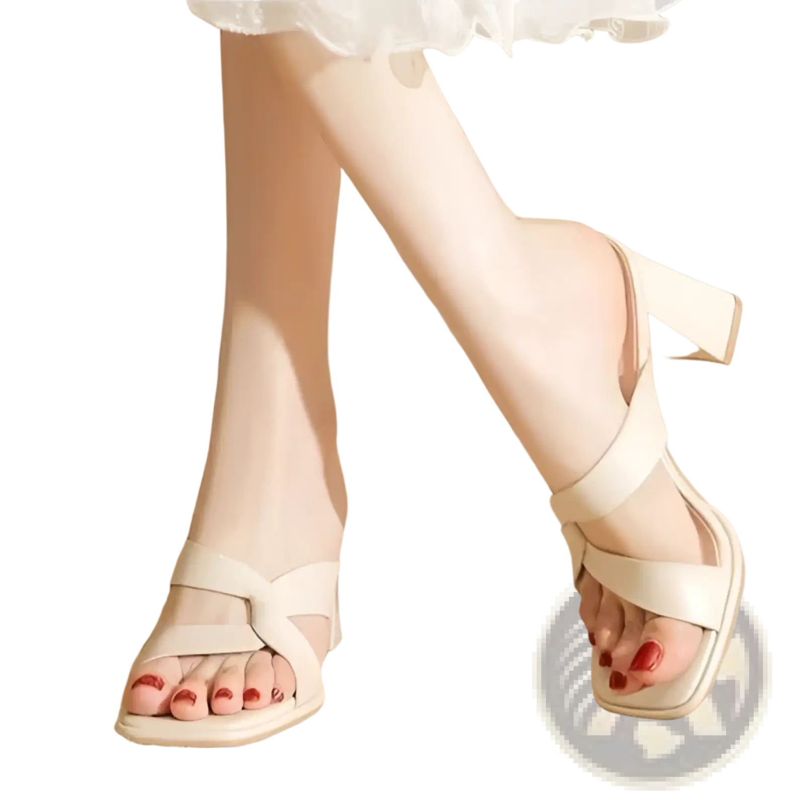 Cream-colored leather chunky heel open toe sandals with crisscross straps and block heel design