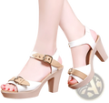 White and beige chunky heel platform sandals with buckle strap design and non slip sole for comfortable wear