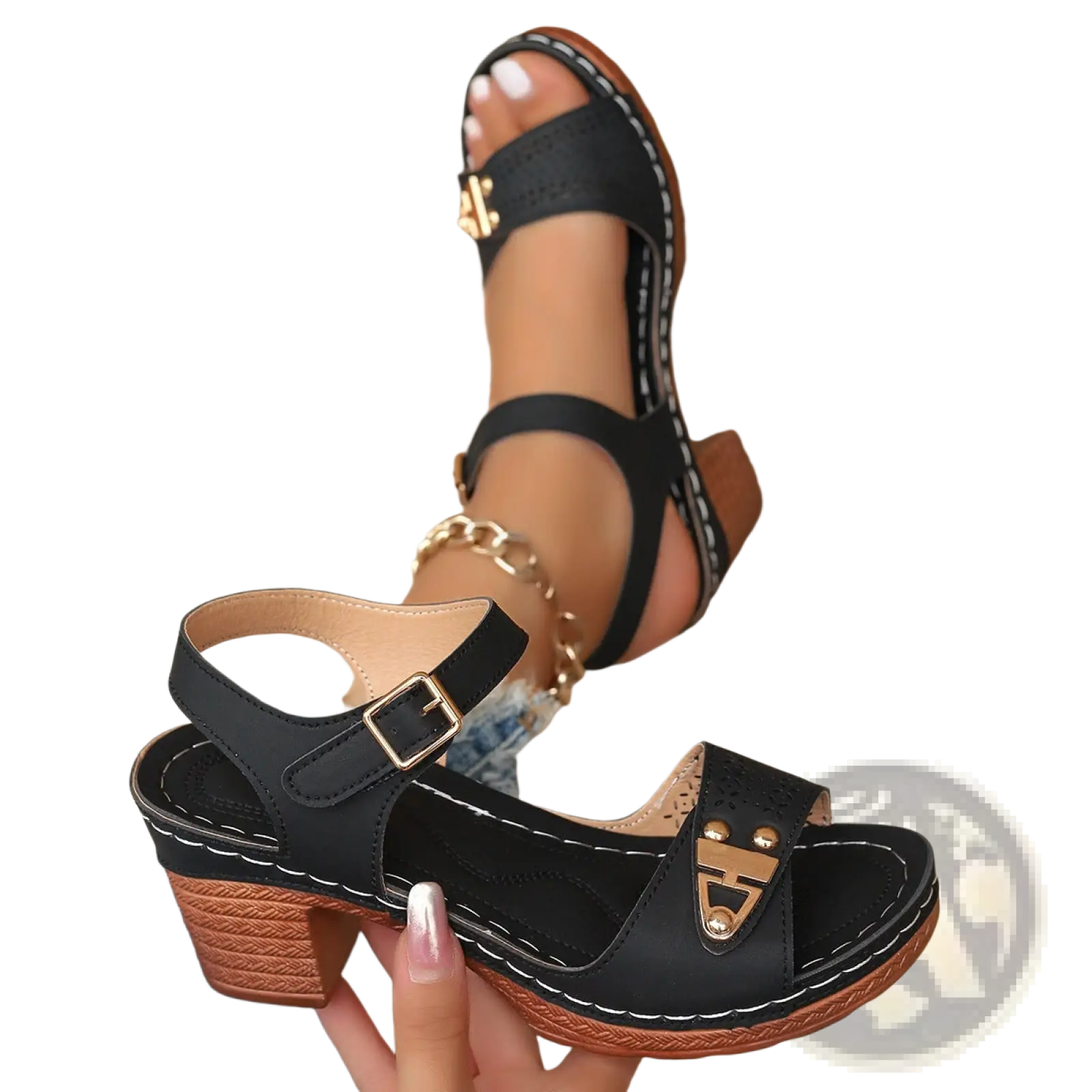 Black chunky heel sandals with gold-tone buckle accents and woven brown heel featuring pigskin lining