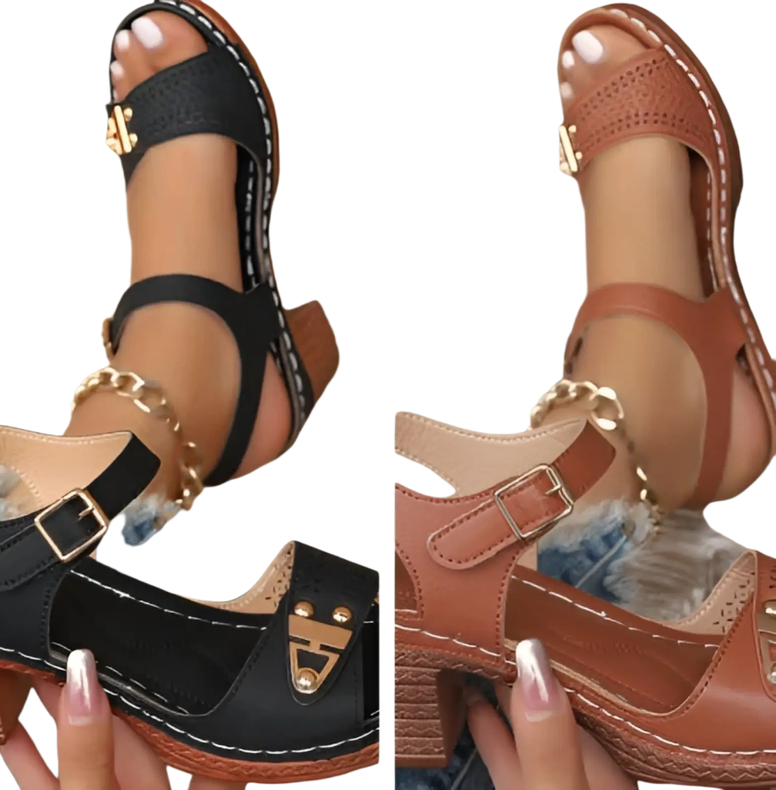 Black and tan chunky heel sandals with buckle, gold-tone metal accents, stitched detailing, chain anklet, and pigskin lining
