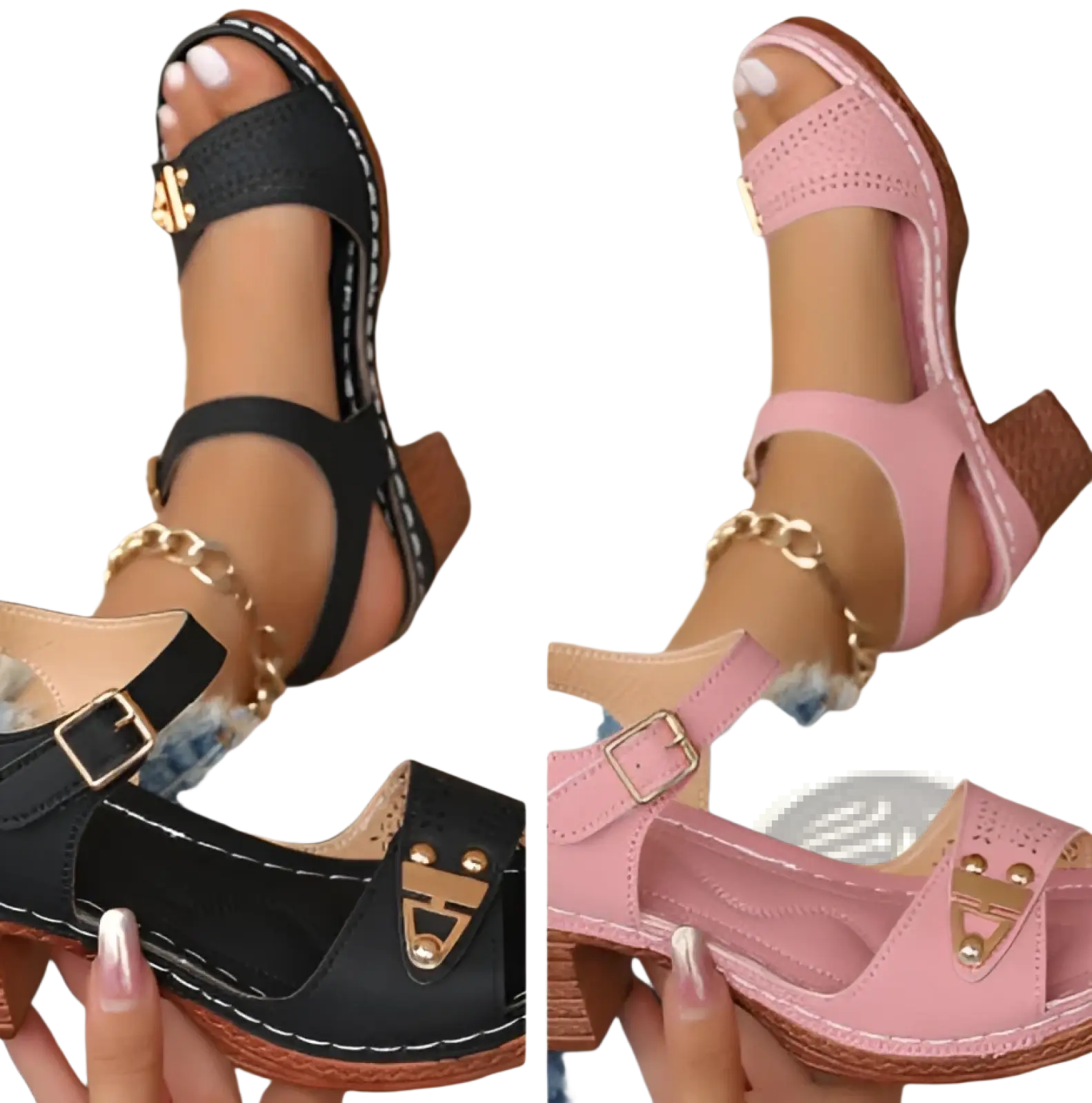 Chunky heel sandals in black and pink with woven straps gold-tone buckles and pigskin lining for stylish wear
