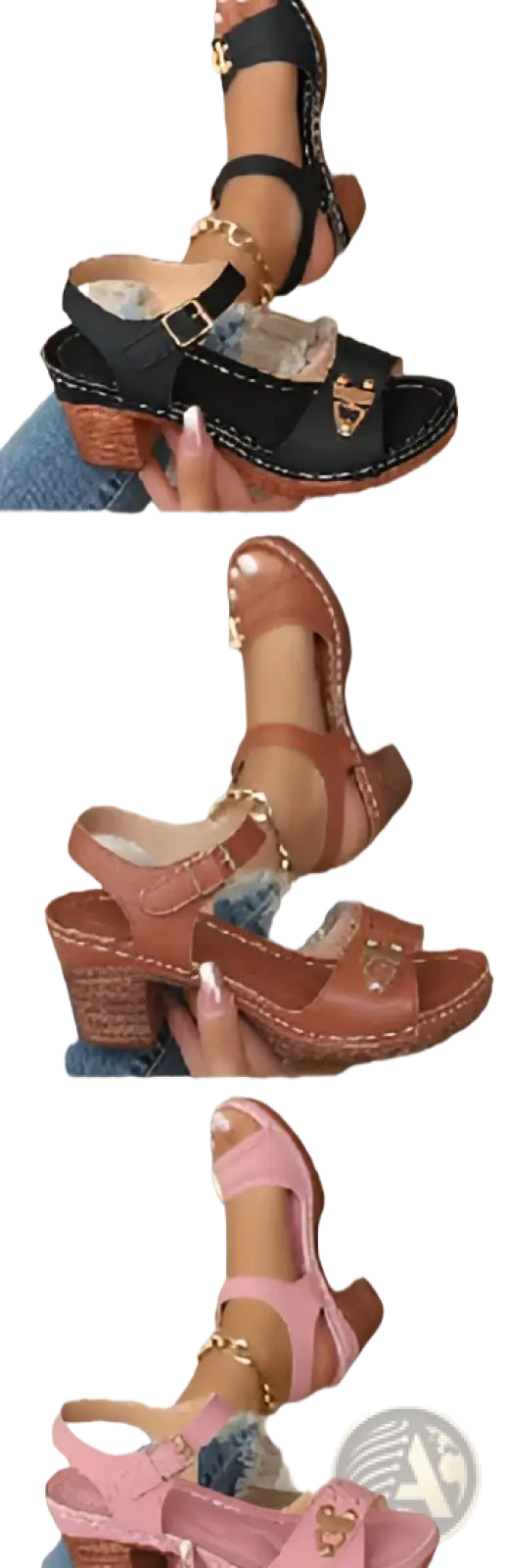 Chunky heel sandals with buckle featuring black tan and pink platform and wooden block heels with gold-tone accents