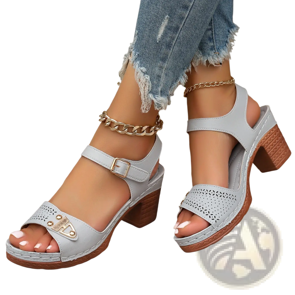 Light gray leather chunky heel sandals with textured brown block heel gold tone accents and pigskin lining