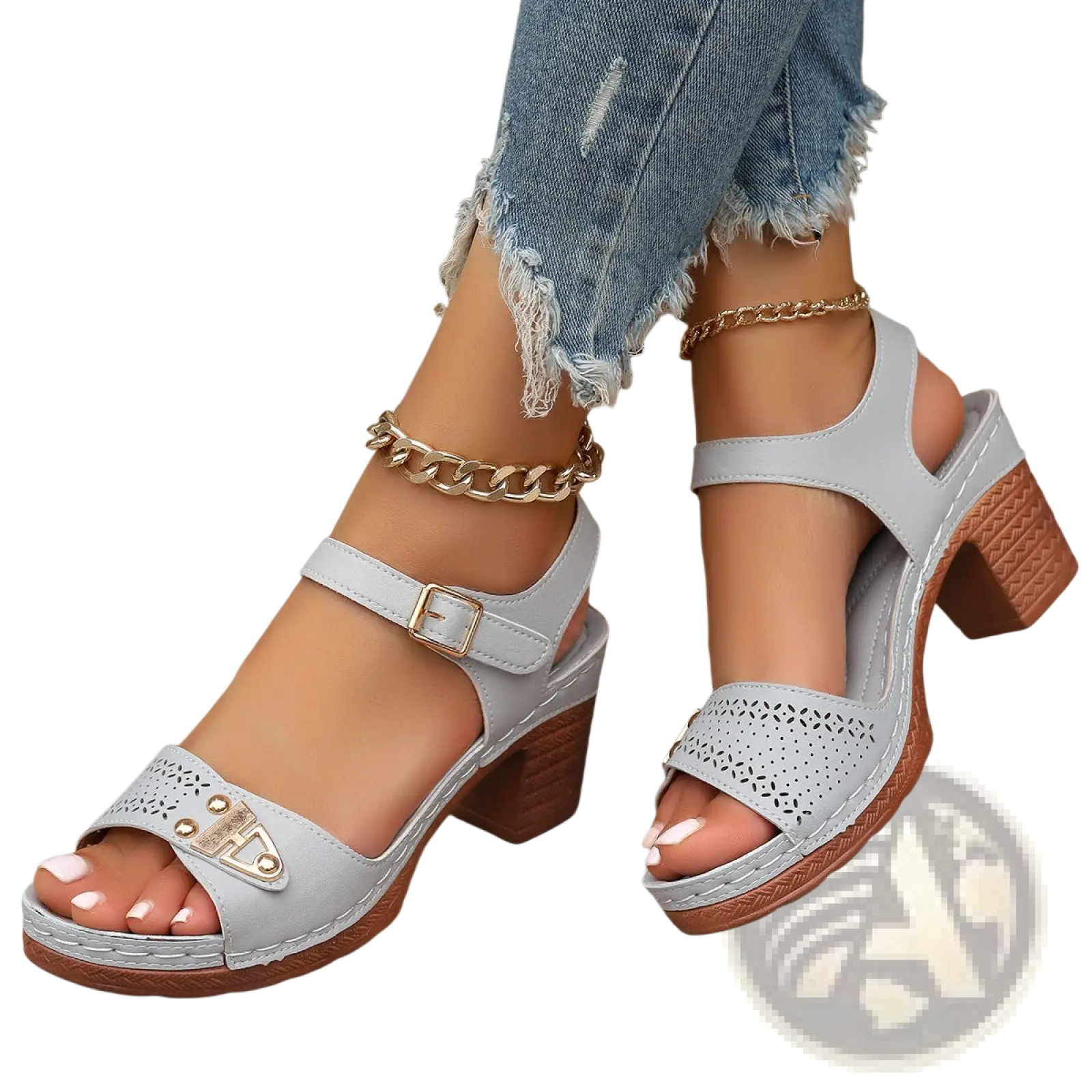 Light gray leather chunky heel sandals with textured brown block heel gold tone accents and pigskin lining