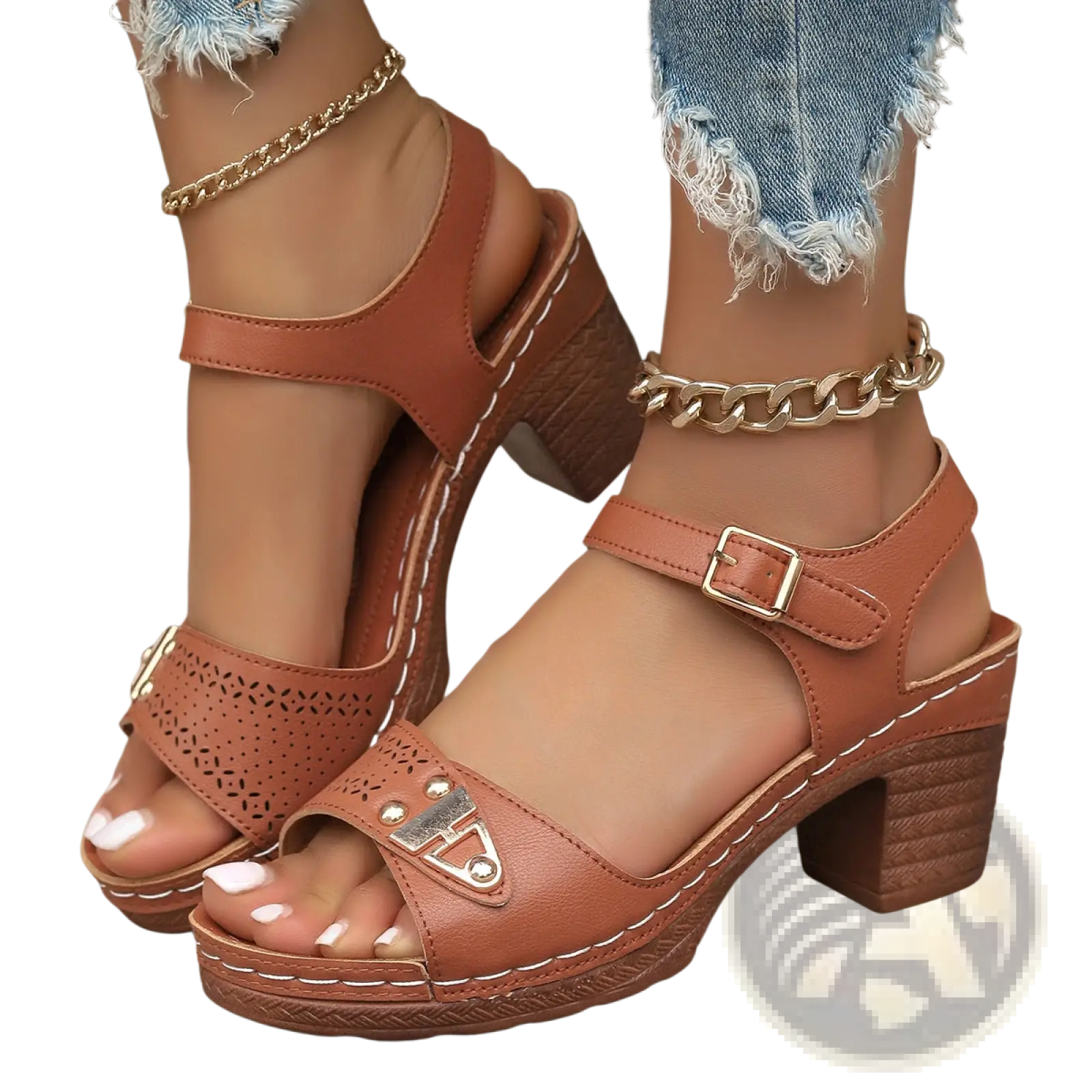 Tan leather chunky heel sandals with decorative metal buckle cutout detailing and pigskin lining for comfort