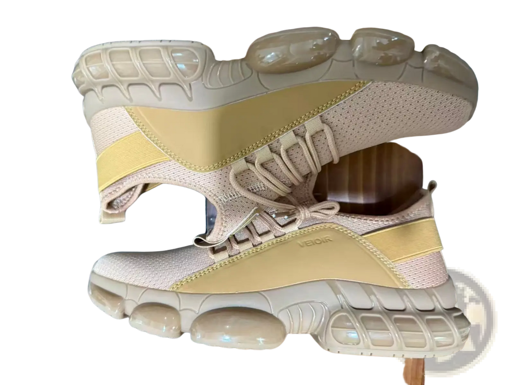 Beige and mustard-yellow chunky mesh running sneakers with lightweight breathable design and translucent rubber sole