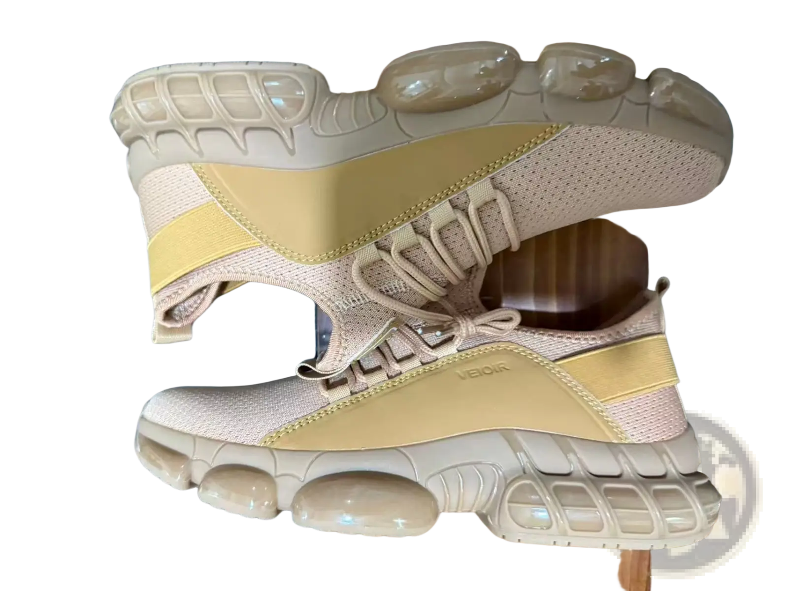 Beige and mustard-yellow chunky mesh running sneakers with lightweight breathable design and translucent rubber sole