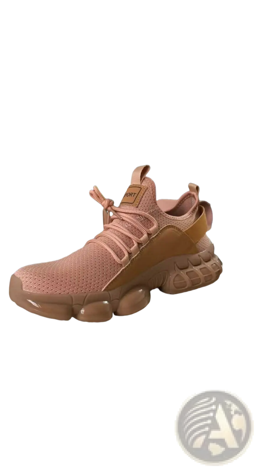 Tan mesh and rubber chunky mesh running sneakers with lightweight breathable design and bubble-like sole pattern