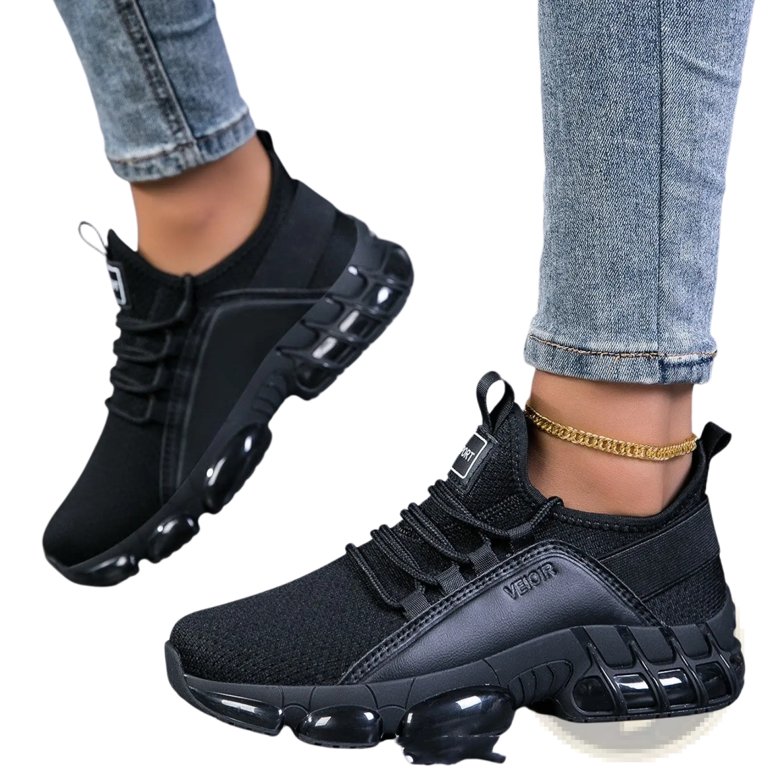Black chunky mesh running sneakers with synthetic leather and transparent air-cushioned lightweight breathable sole