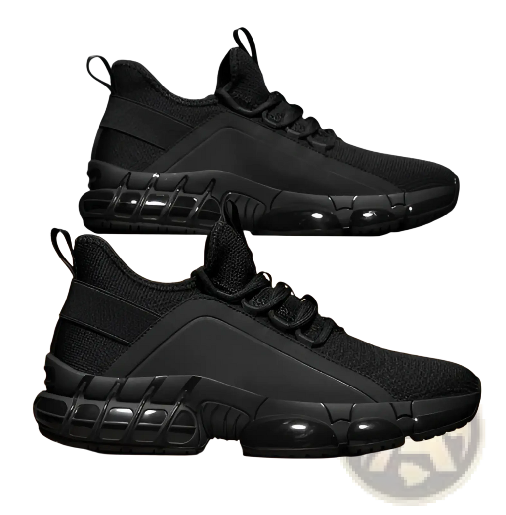 Black chunky mesh running sneakers with breathable mesh upper and air-cushioned rubber outsole for lightweight comfort