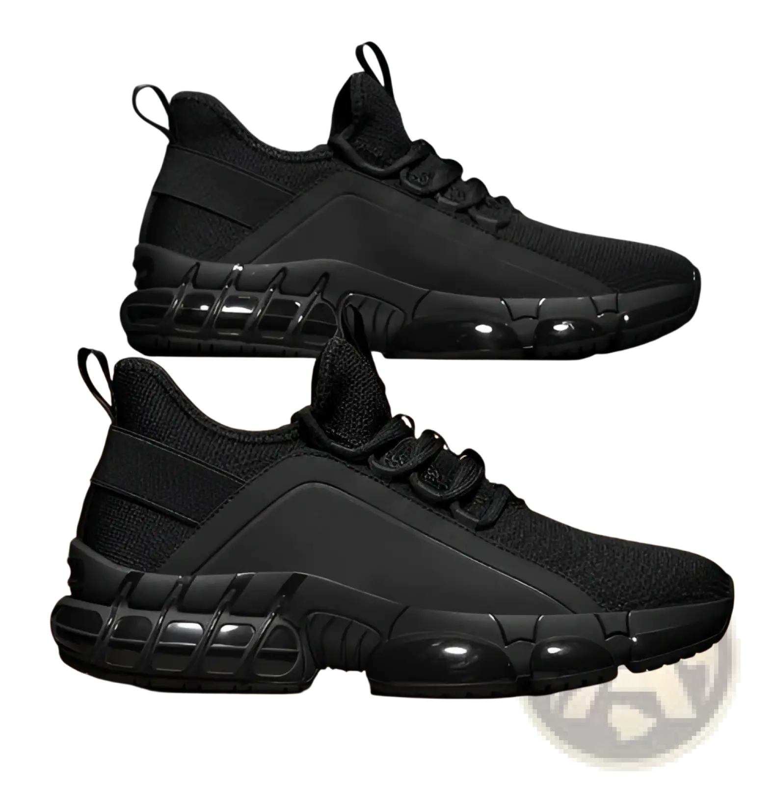 Black chunky mesh running sneakers with breathable mesh upper and air-cushioned rubber outsole for lightweight comfort