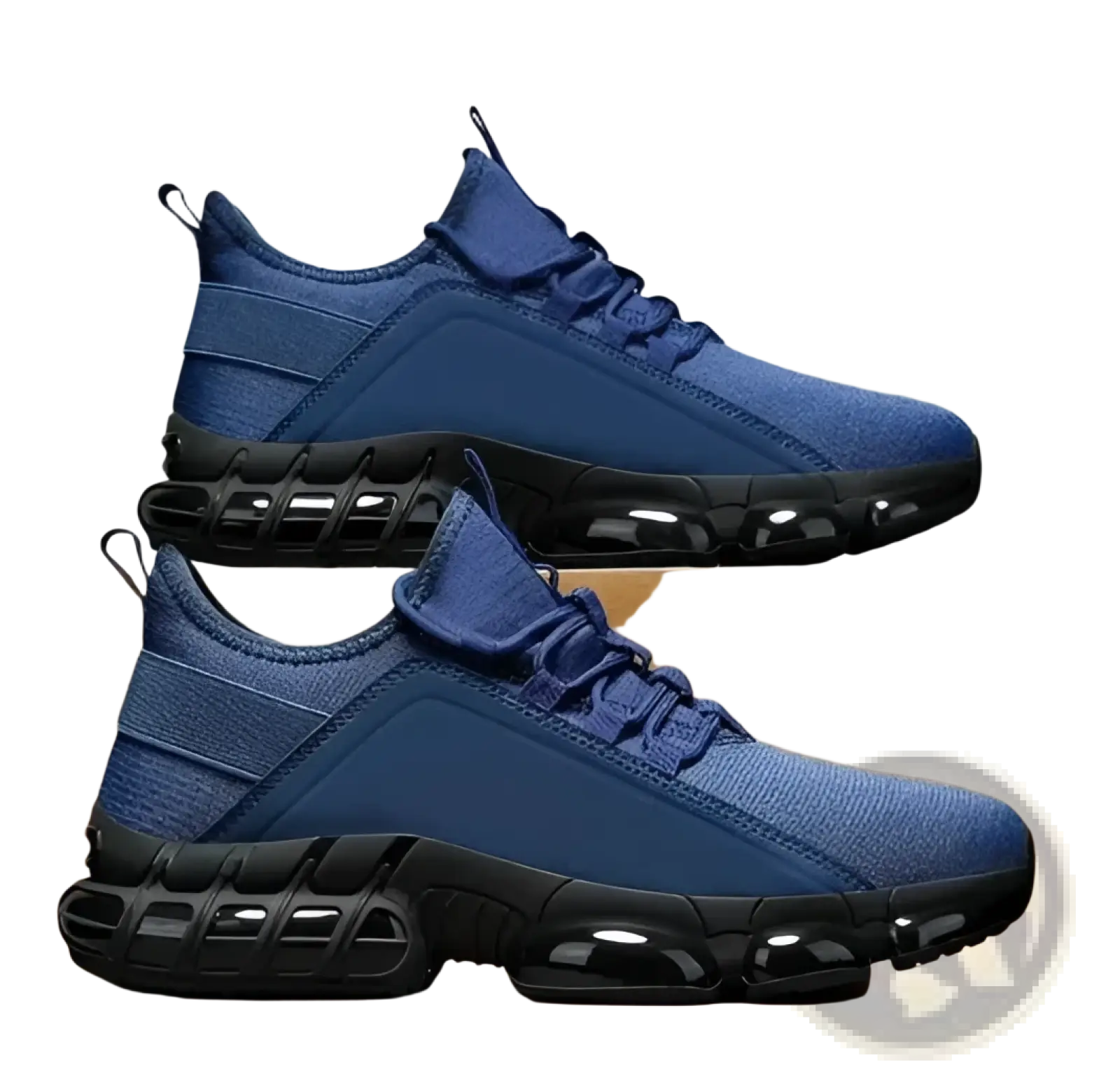Blue chunky mesh running sneakers with breathable mesh upper and black rubber soles with visible air cushioning units