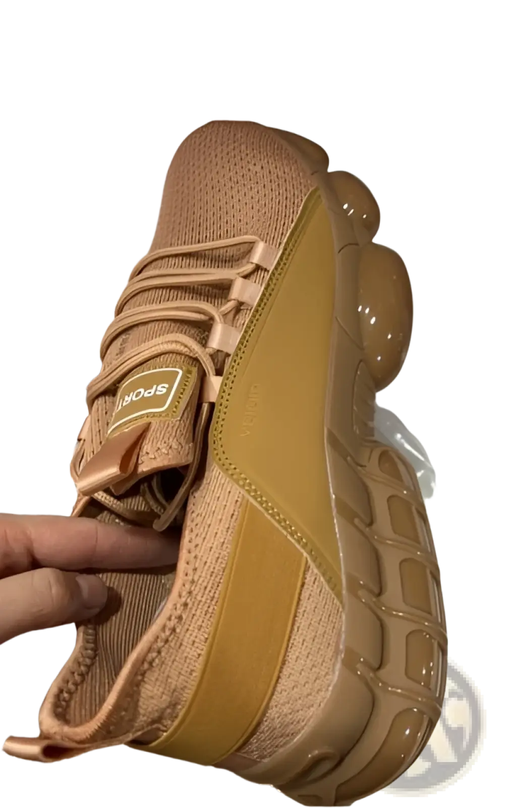 Chunky mesh running sneakers in tan with breathable mesh, glossy rubber sole, matching laces, and sport label on the tongue
