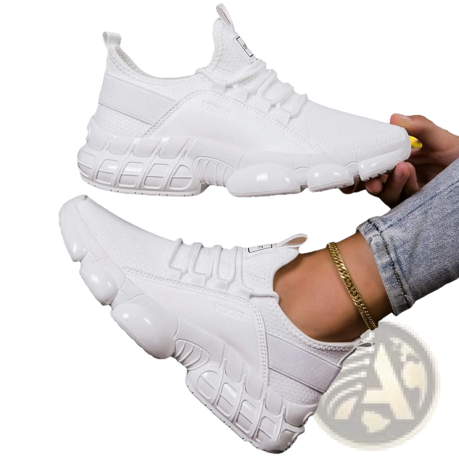 White chunky mesh running sneakers with lightweight breathable upper and glossy rubber sole for comfortable wear