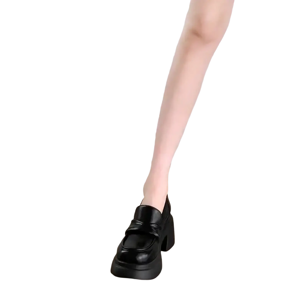 Black leather chunky platform mary jane loafers with thick block heel and classic moccasin-style design