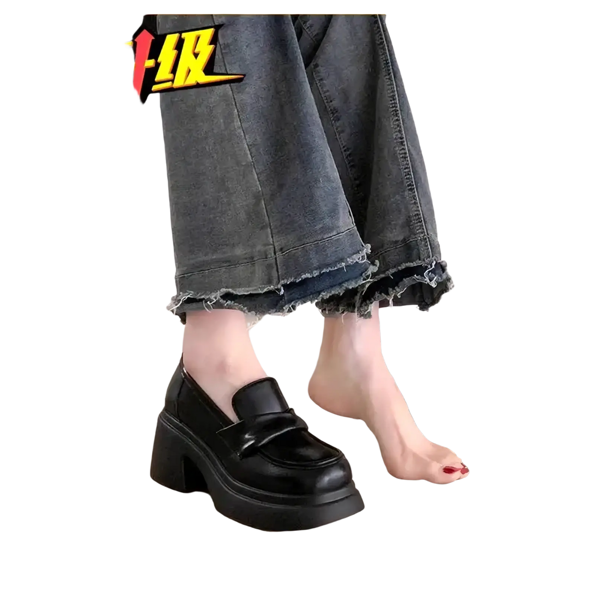 Black chunky platform Mary Jane loafer with thick block heel and glossy leather finish for stylish wear