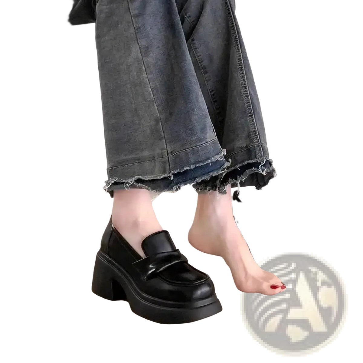 Black chunky platform Mary Jane loafer with glossy finish and thick block heel is displayed from the back side