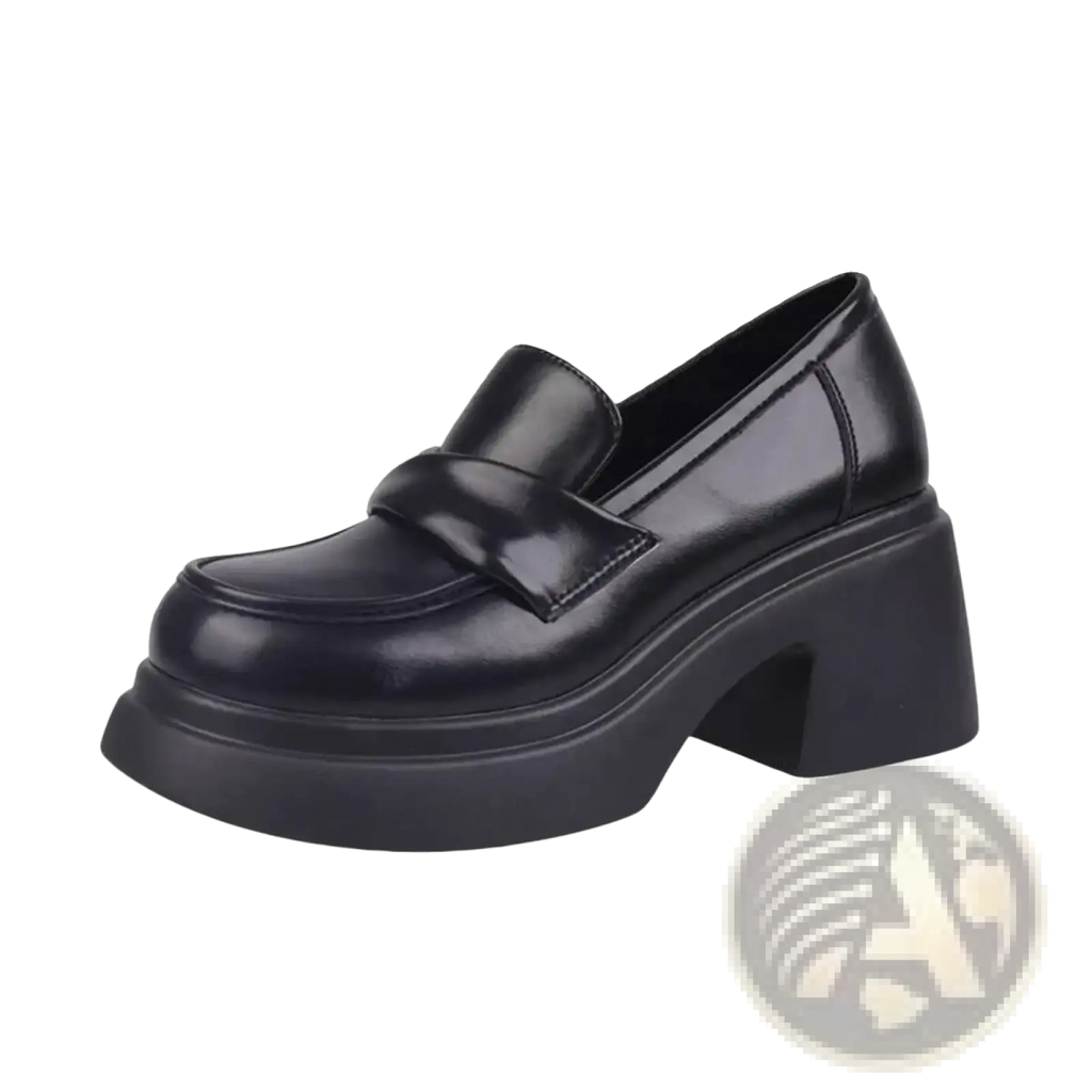 Black patent leather chunky platform mary jane loafers with a classic slip-on design for stylish wear