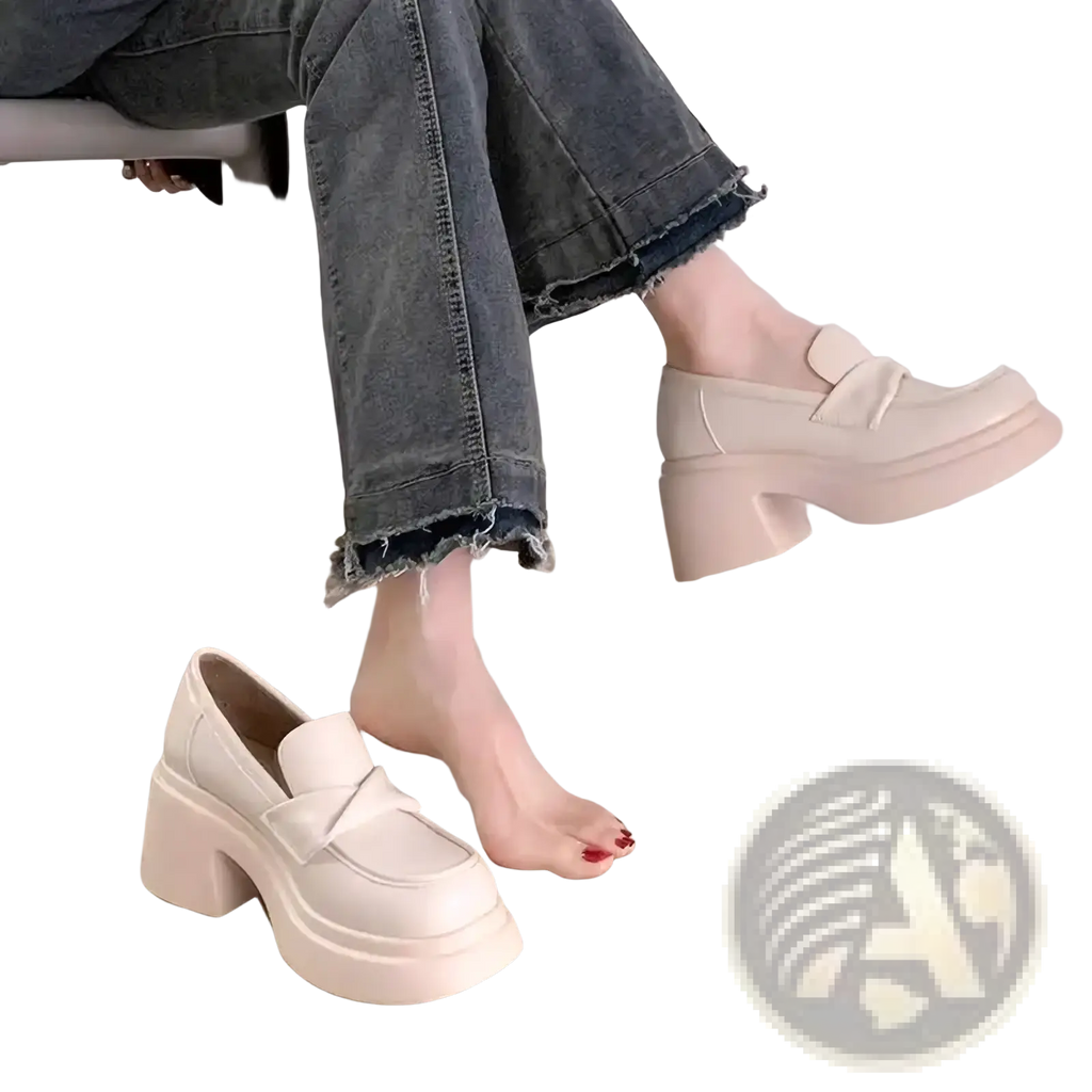 Cream-colored chunky platform Mary Jane loafers with a thick block heel and decorative bow on the front