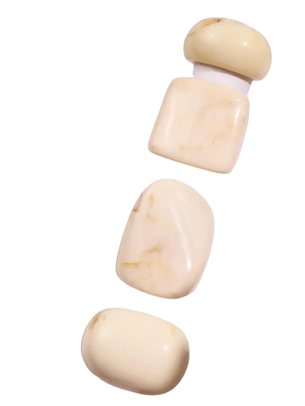 Chunky resin cocktail rings 4-piece set featuring smooth natural amber beads in varied oval and square shapes in off-white