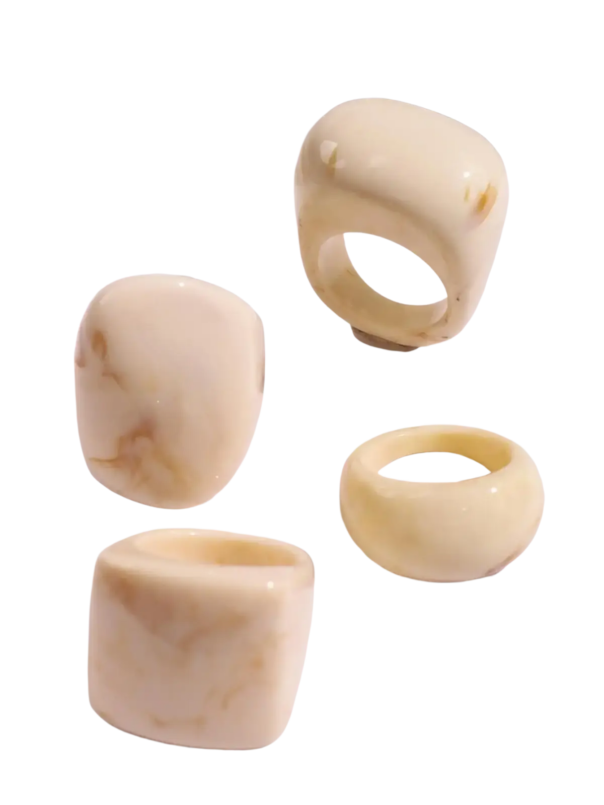 Chunky resin cocktail rings 4-piece set in cream color with smooth surface and subtle marbled patterns
