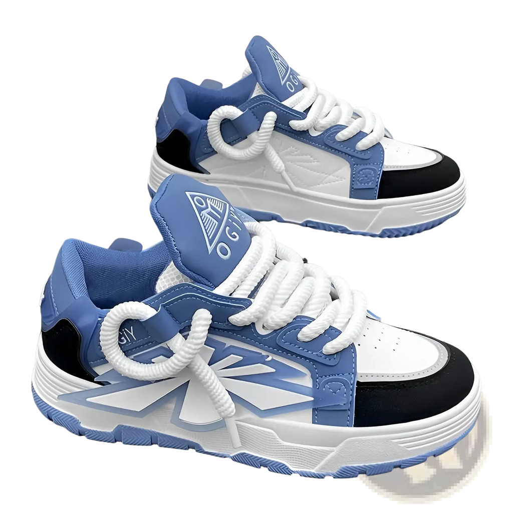 Chunky sneakers for men Harajuku low top shoes in blue and white with black accents, braided laces, and a chunky sole