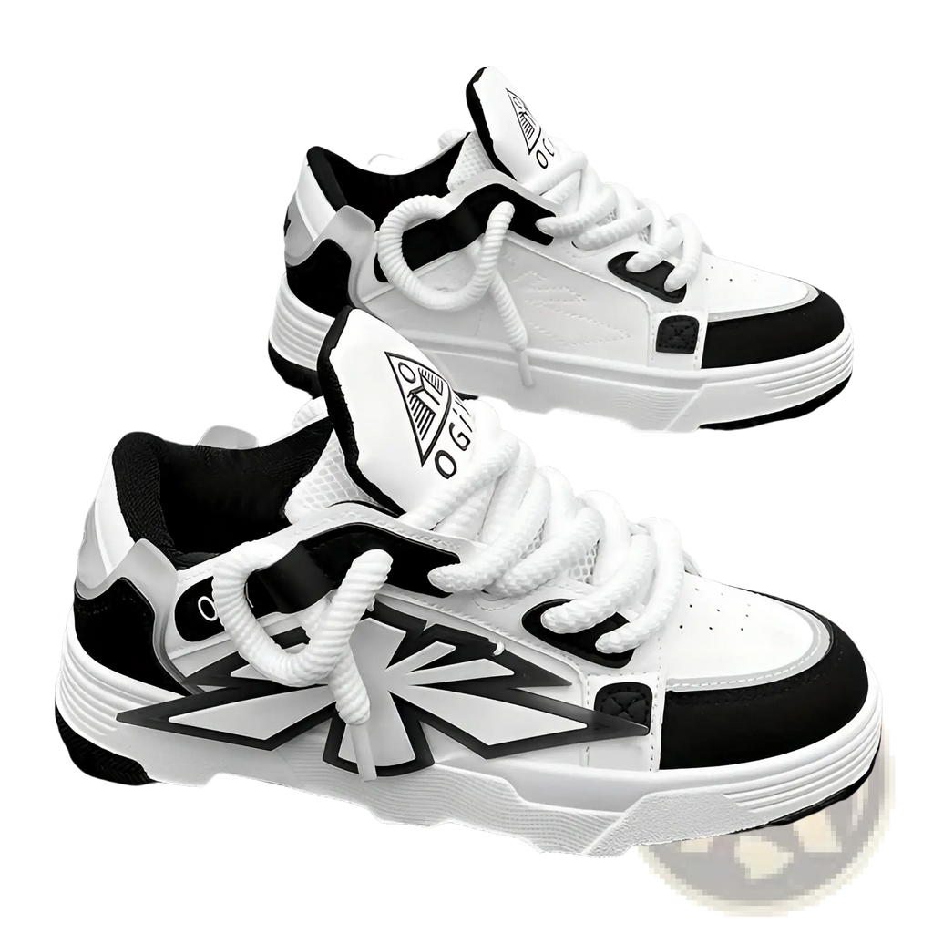 Chunky sneakers for men harajuku low top shoes in white and black with bold geometric star design and chunky sole