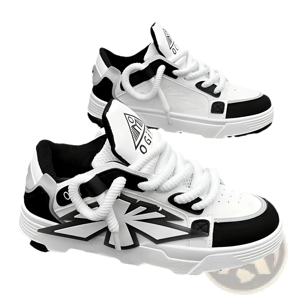 White and black chunky sneakers for men with bold star design and triangular logo low top harajuku shoes