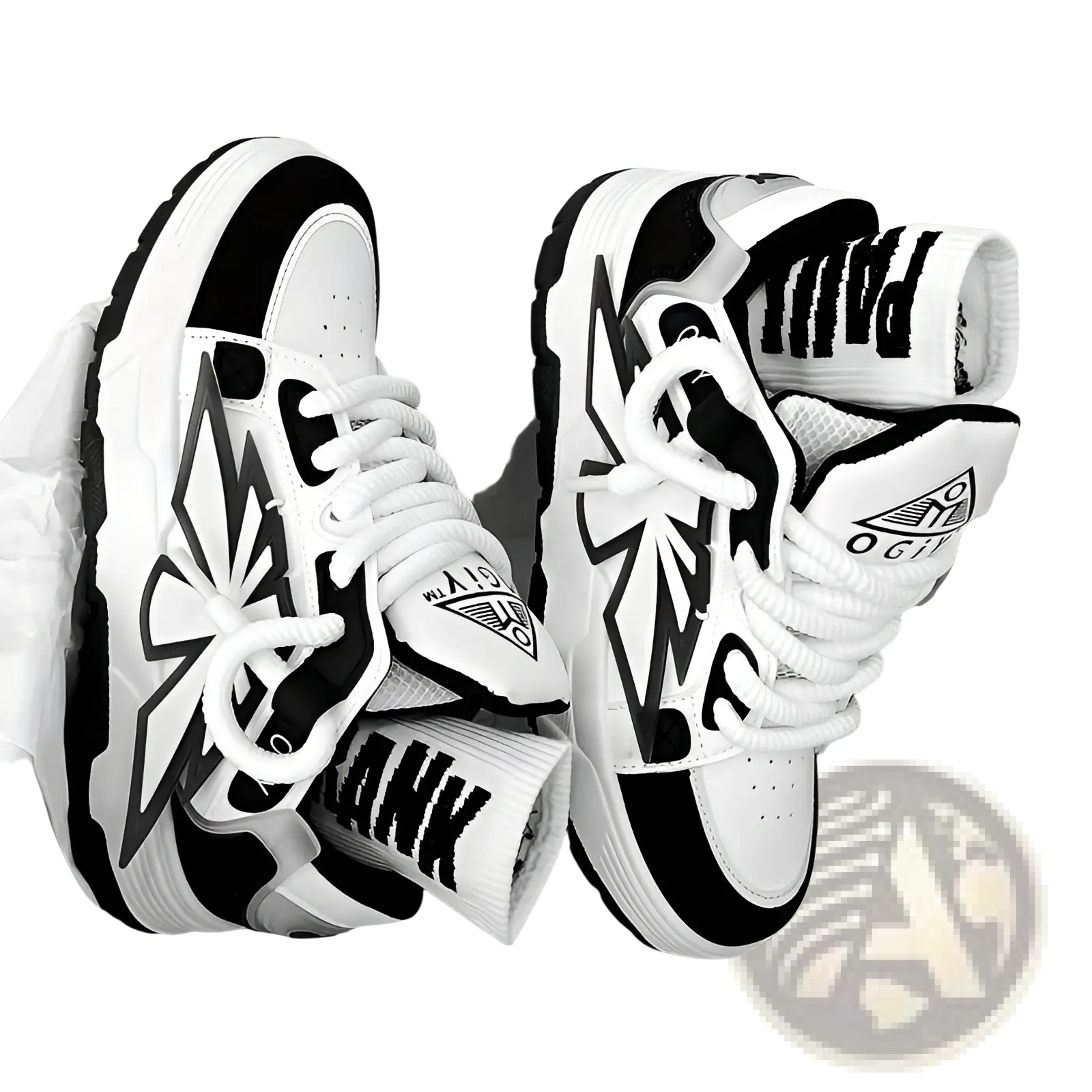White and black chunky high-top sneakers for men with bold graphic designs and contrasting laces for casual wear