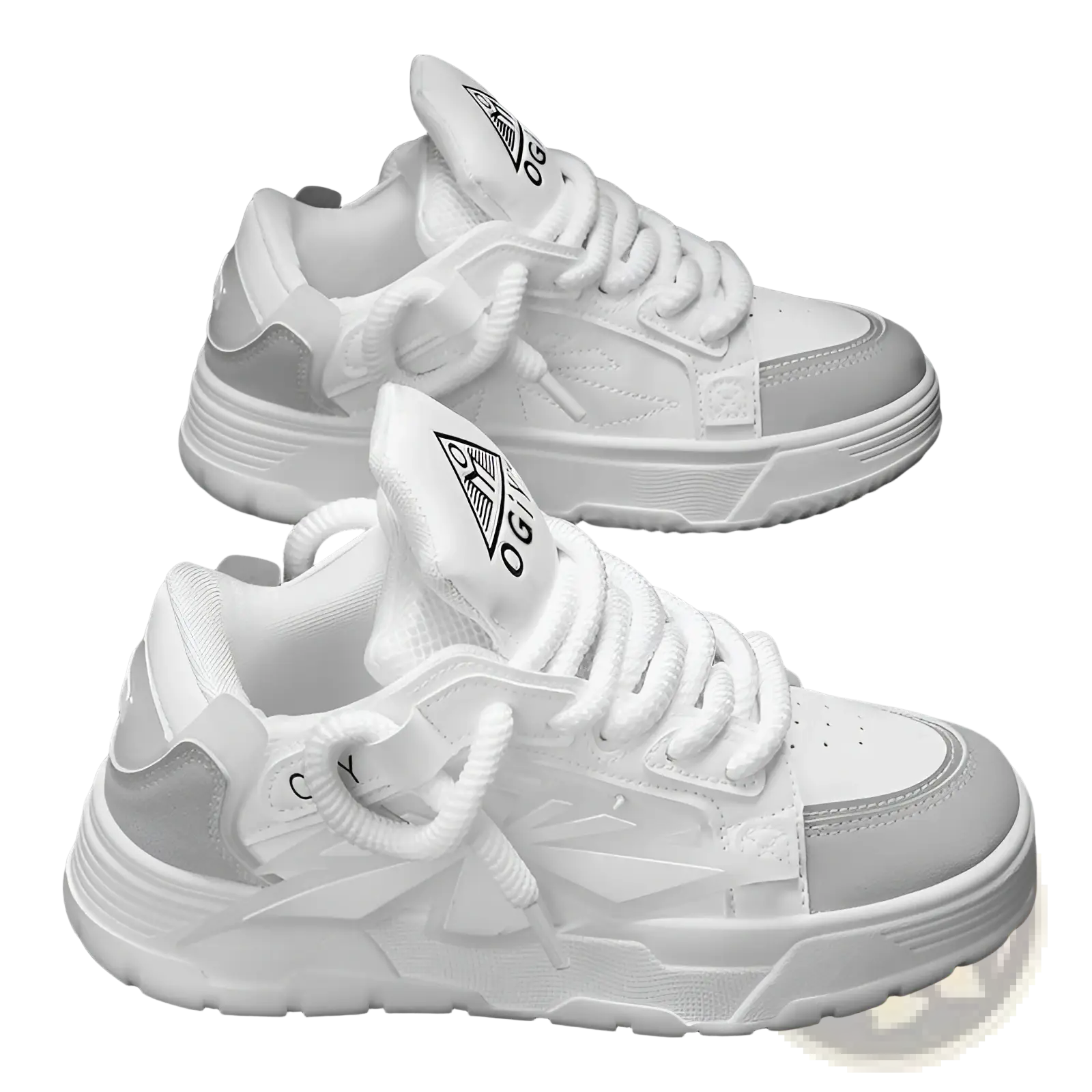 White and light gray chunky sneakers for men featuring modern mesh and synthetic overlays in a layered design