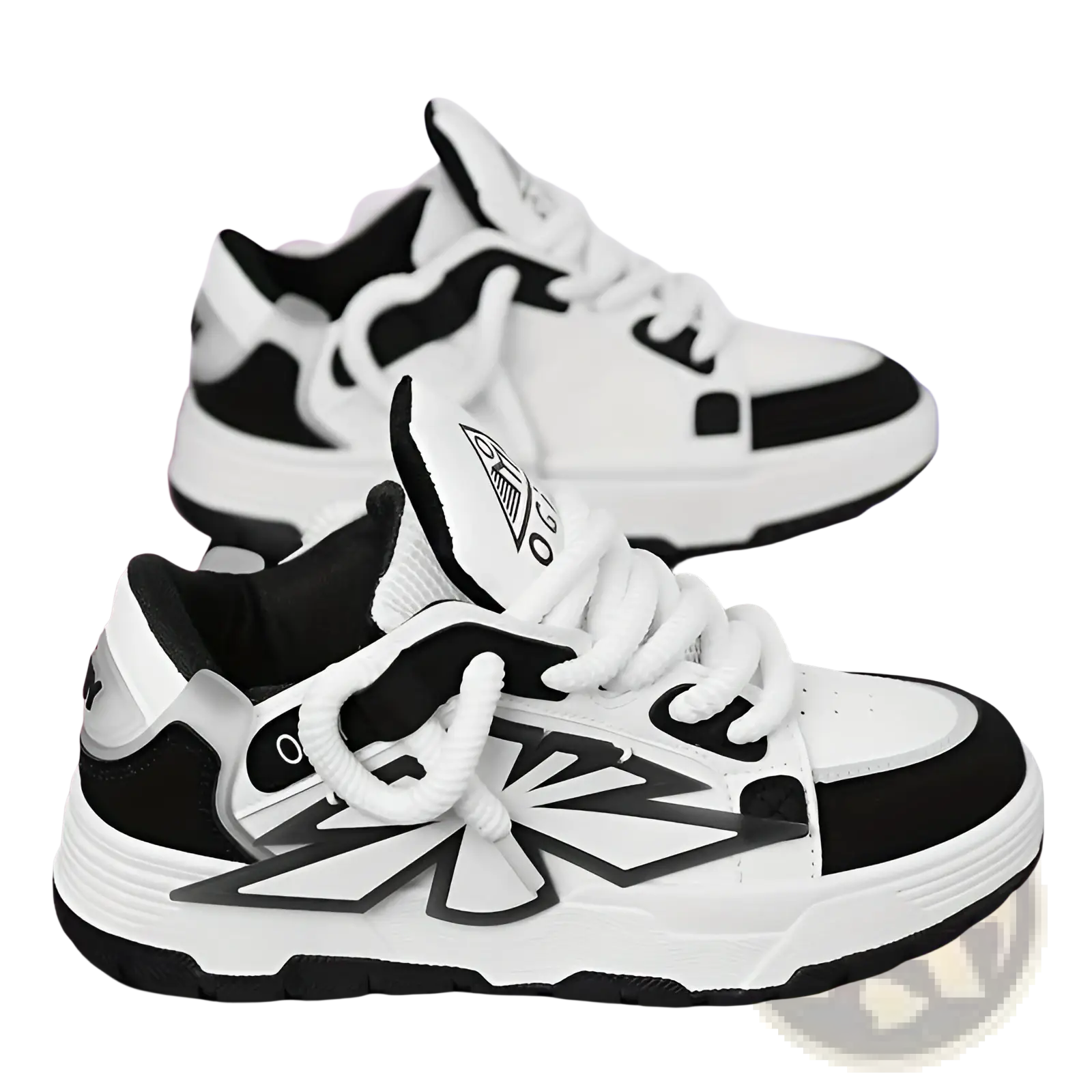 Chunky sneakers for men in white and black with a bold geometric star design on the side low top shoes