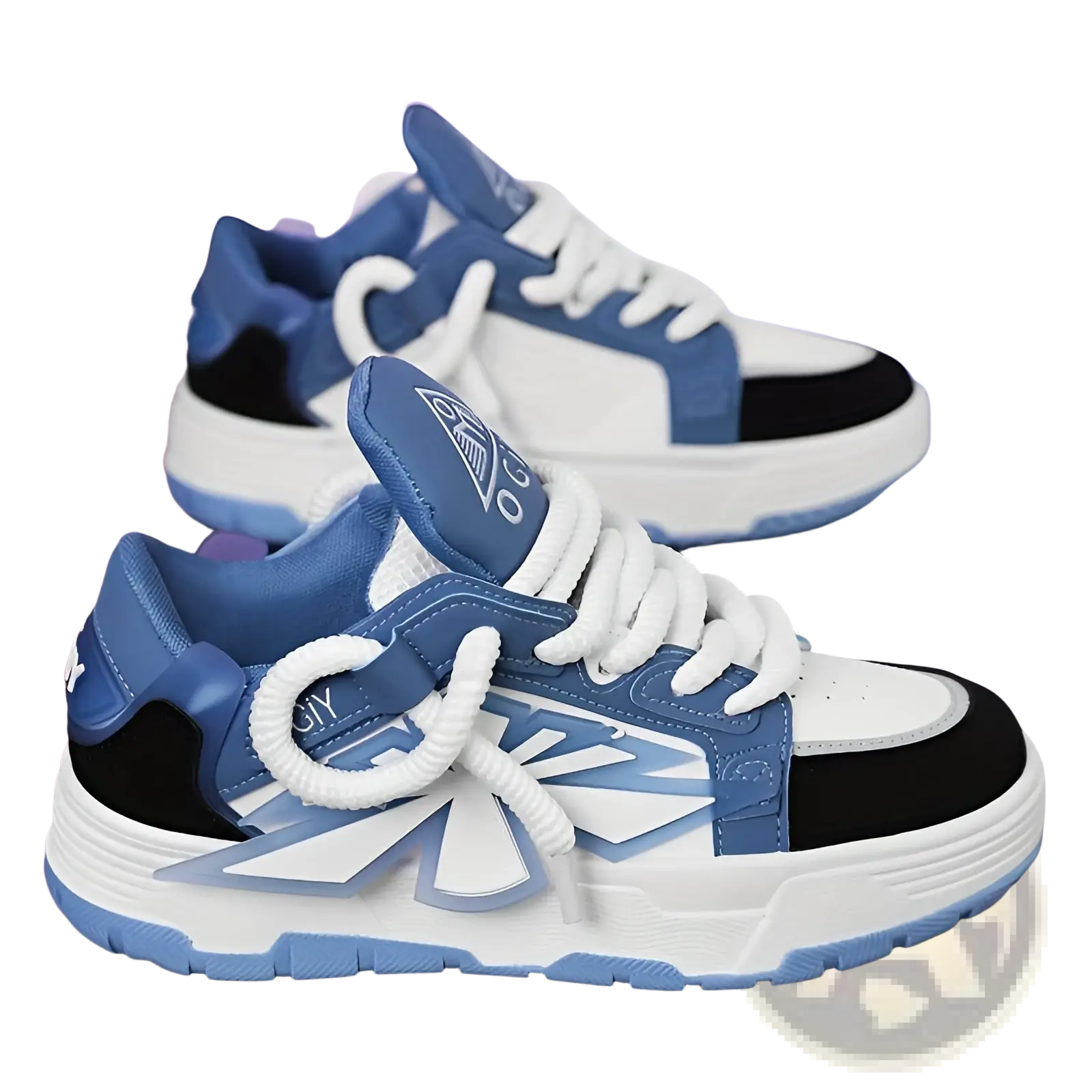 Blue and white chunky sneakers for men with black accents and bold geometric design low top shoes from Harajuku style