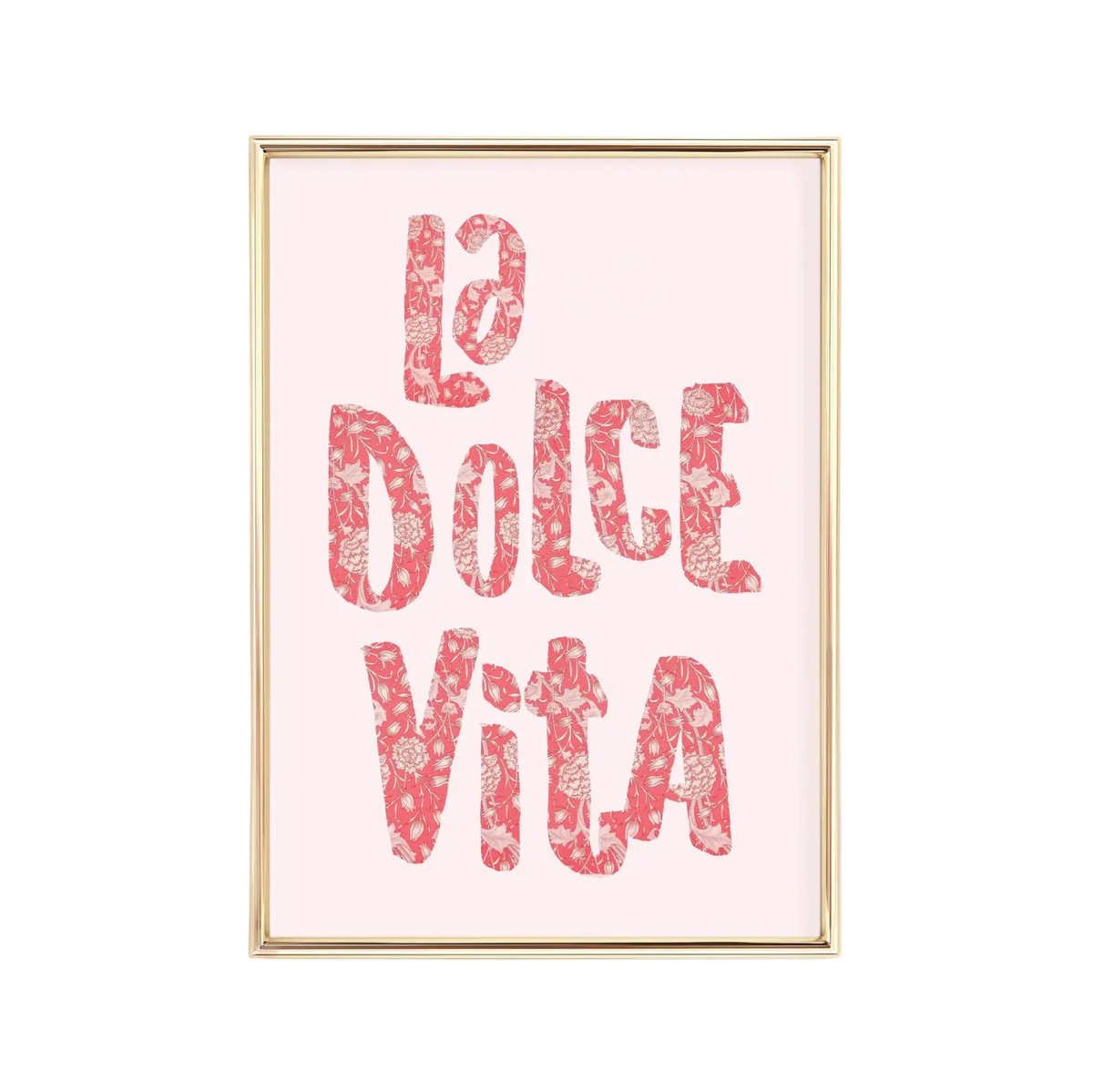 A framed Ciao Bella striped canvas wall art poster with la dolce vita in bold red floral letters on a soft pink background