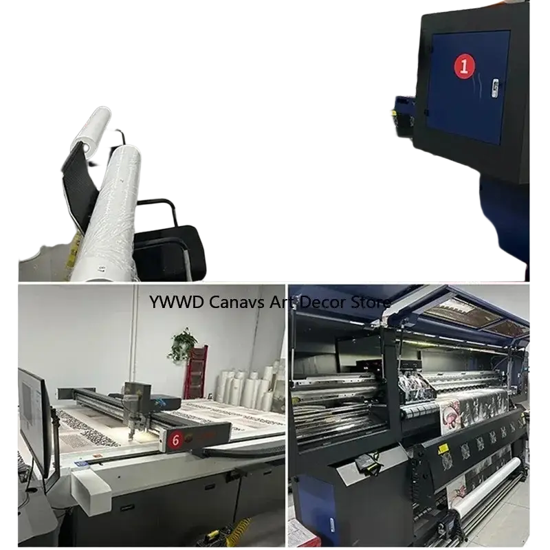 Industrial-grade digital printing machines with black and blue frames producing ciao bella striped canvas wall art poster