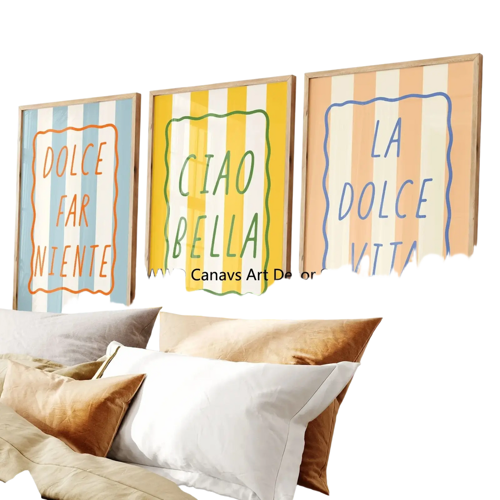 Three framed canvas wall art prints with colorful outlined italian phrases on striped backgrounds for home decor