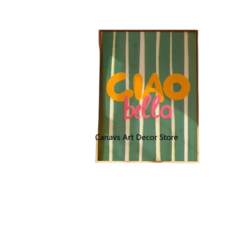 Ciao bella striped canvas wall art poster with vibrant green cream stripes and bold orange pink lettering