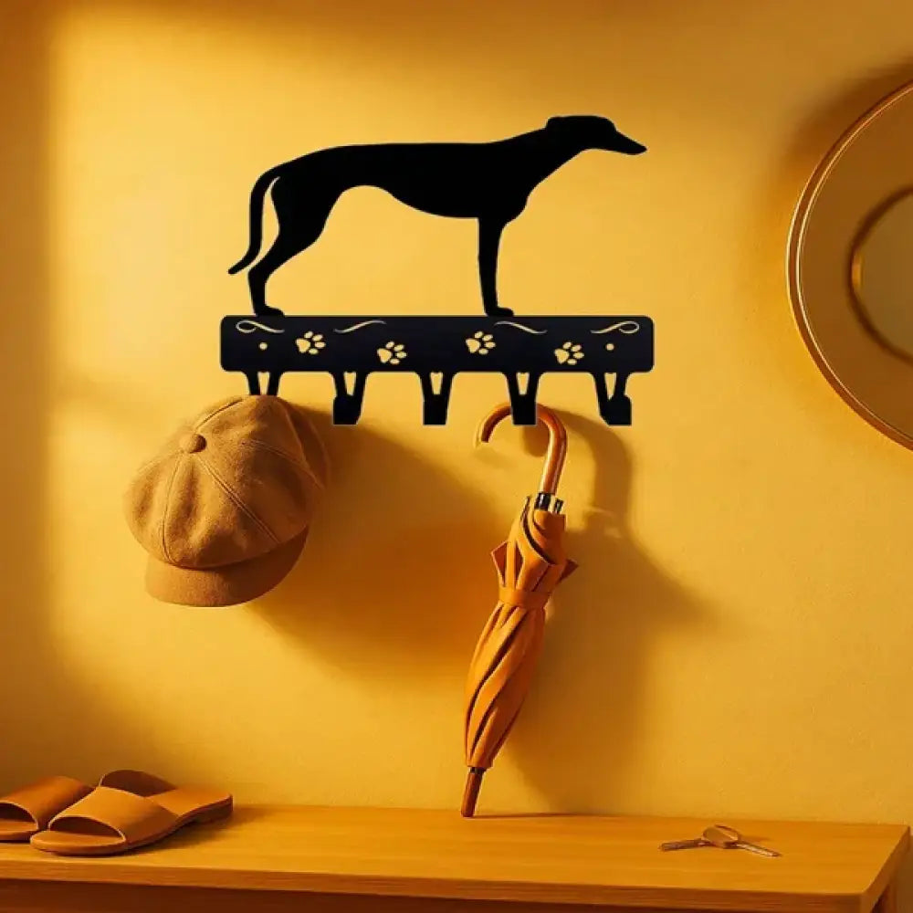 Black metal wall-mounted coat rack shaped like a greyhound with paw print decorations for hanging items